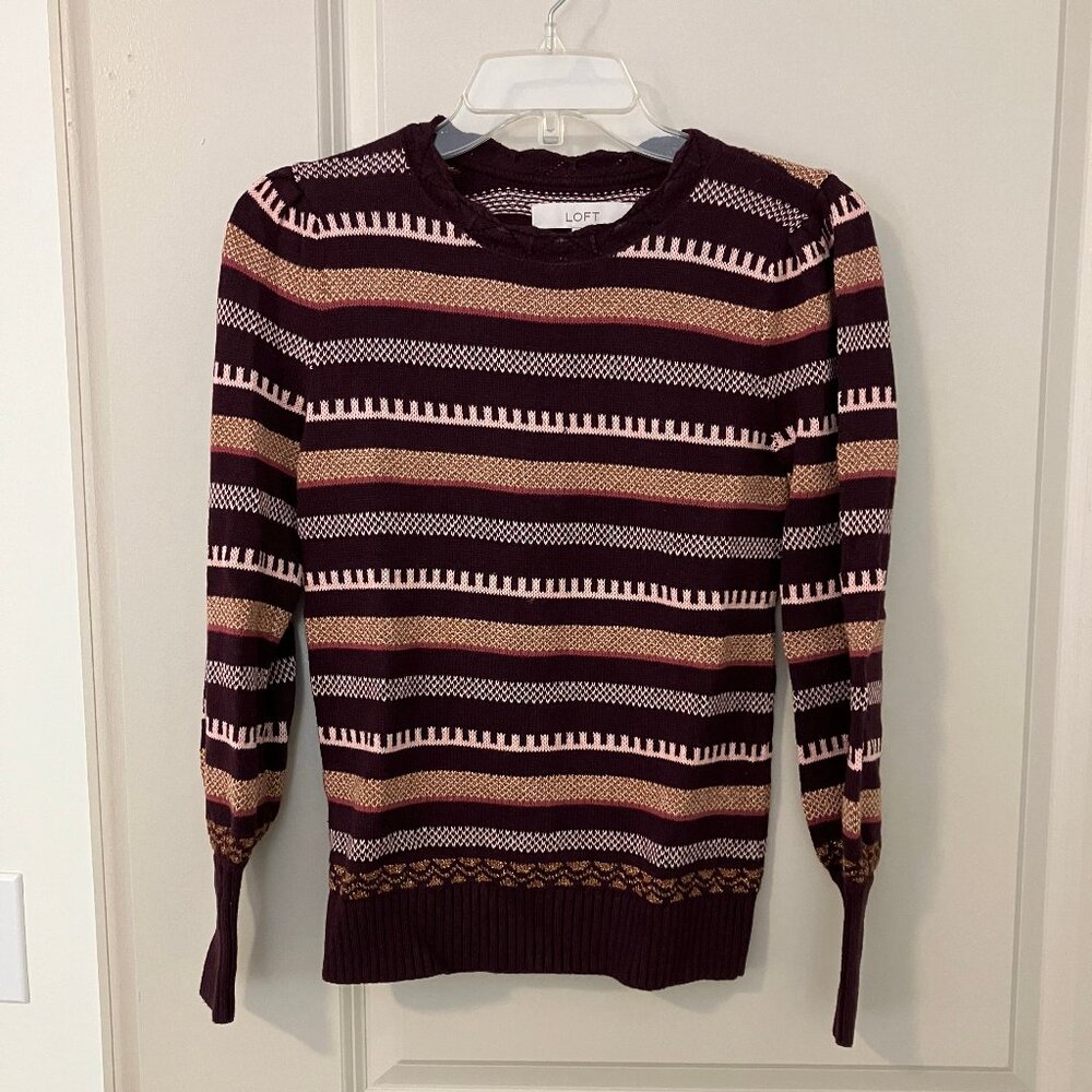 Loft Burgundy Striped Sweater with Metallic Thread